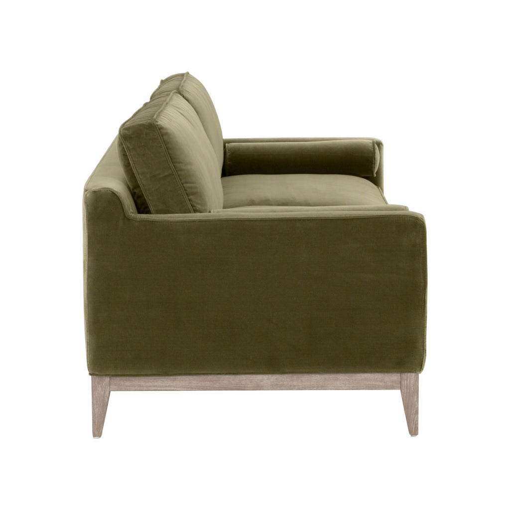 Parker 86" Post Modern Sofa - Olive Velvet, Natural Gray Oak