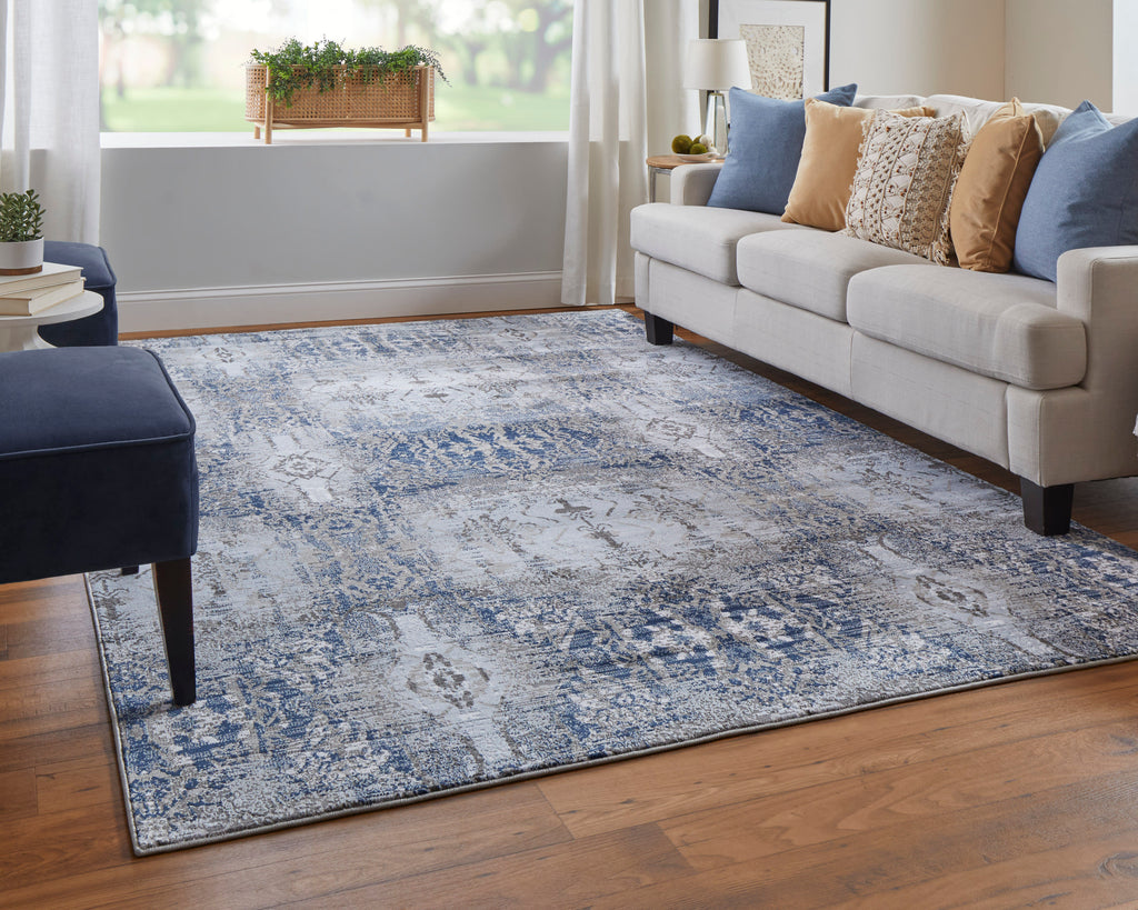 Gaspar Modern Damask Blue Gray Taupe Area Rug (6'7" x 9'6")