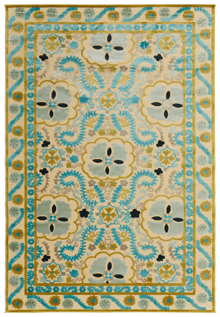 Saphir Cabo Transitional Floral Botanical Ivory Blue Area Rug (7'6" x 10'6")