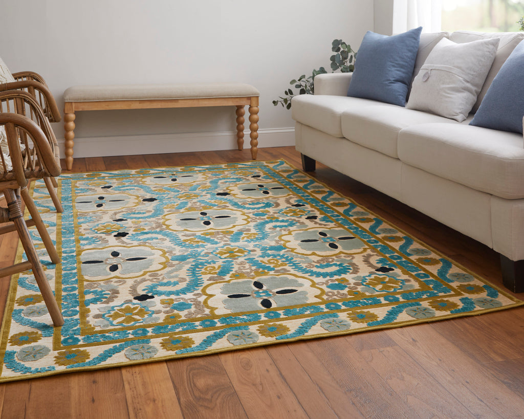 Saphir Cabo Transitional Floral Botanical Ivory Blue Area Rug (5'3" x 7'6")