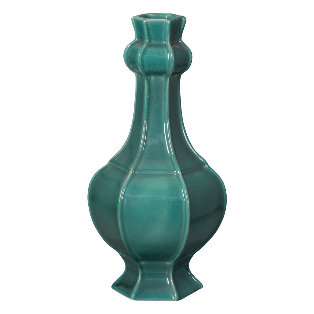 Hex Vase W/Ridges, Lush Teal 9x19"H