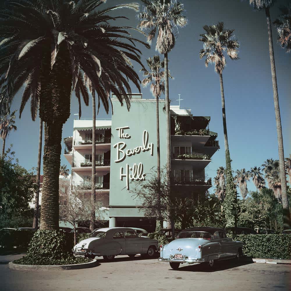 Beverly Hills Hotel by Slim Aarons | Vintage Fine Art Print for Interior Design-36" x 36", Natural Wood