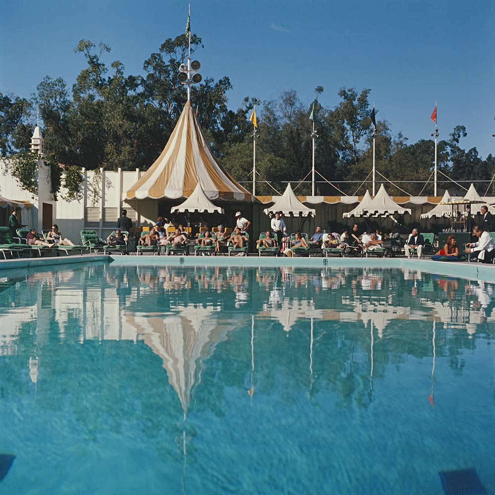 Beverly Hills Hotel Pool by Slim Aarons | Vintage Poolside Fine Art Print-36" x 36", Natural Wood