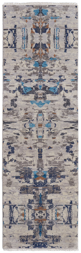 Bhatia Modern Damask Ivory Blue Taupe Area Rug (2'6" x 10')