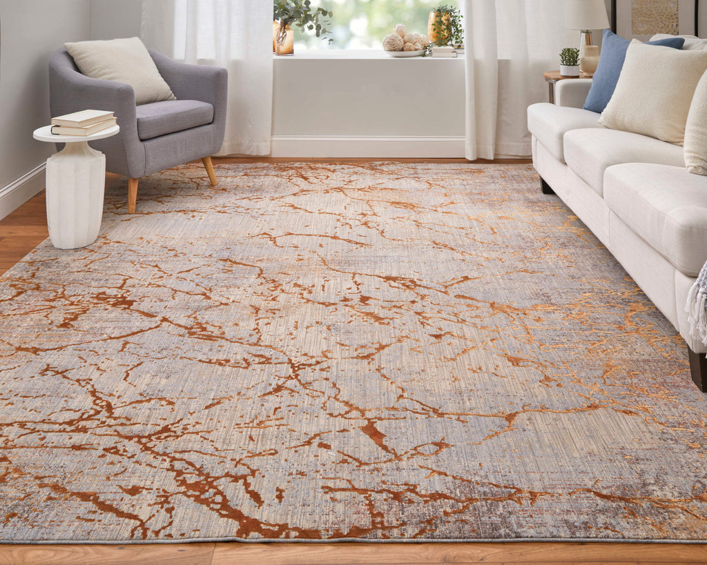 Pryor Modern Abstract Gold Brown Gray Area Rug (6'7" x 9'6")