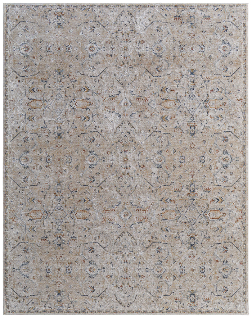 Pasha Transitional Distressed Taupe Ivory Blue Area Rug (6'7" x 9'6")