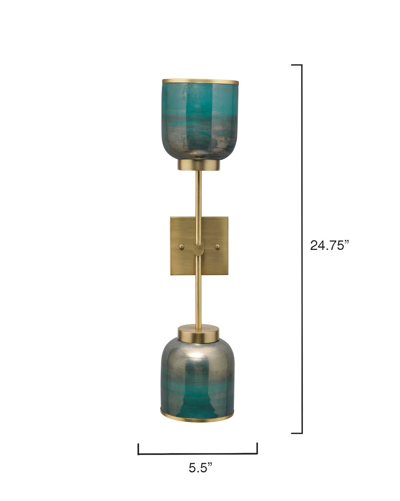 Vapor Double Sconce-Antique Brass-Aqua Metallic Glass