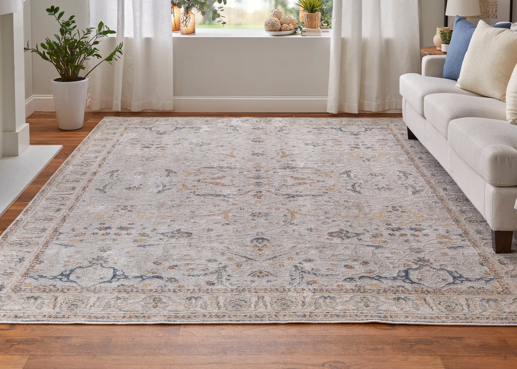 Pasha Transitional Ikat Ivory Blue Taupe Area Rug (7'10" x 10'3")