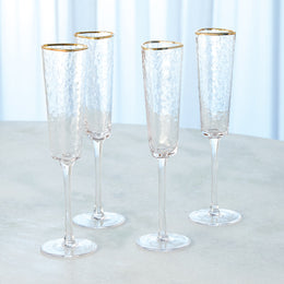 Set of 4, Hammered Champagne Glasses, Clear with Gold Rim