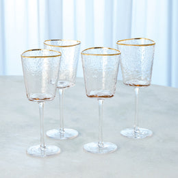 Set of 4, Hammered Wine Glasses, Clear with Gold Rim