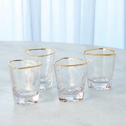 Set of 4, Hammered DOF Glasses, Clear with Gold Rim