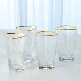 Set of 4, Hammered High Ball Glasses, Clear with Gold Rim