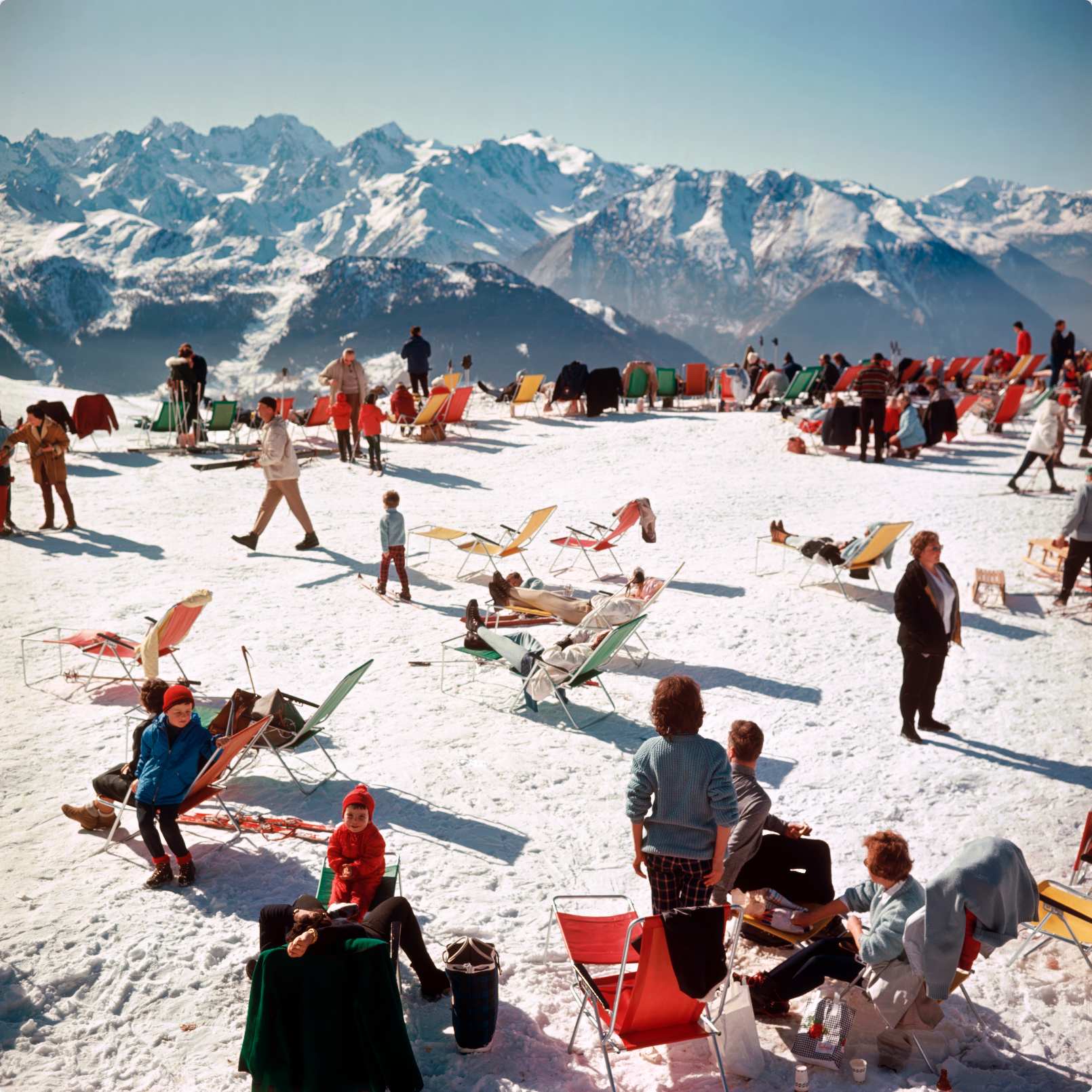 Verbier Vacation by Slim Aarons | Vintage Alpine Fine Art Print for Ski Chalet-36" x 36", Natural Wood