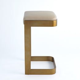 Regan High Bar Stool with Ivory Leather, Antique Brass