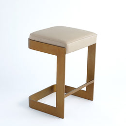 Regan Low Bar Stool with Ivory Leather, Antique Brass