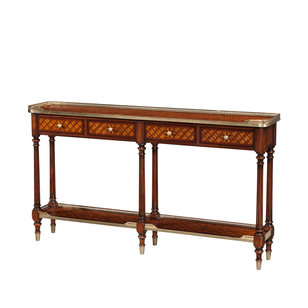 Burl Lattice Parquetry, Brass Mounted Console Table