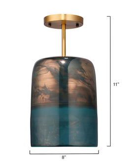 Vapor Semi-Flush Mount-Antique Brass-Aqua Metallic Glass