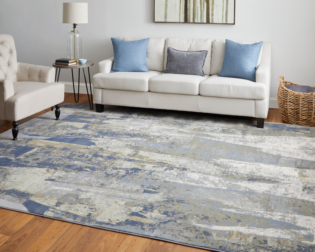 Clio Modern Abstract Blue Gray Tan Area Rug (10' x 13'2")