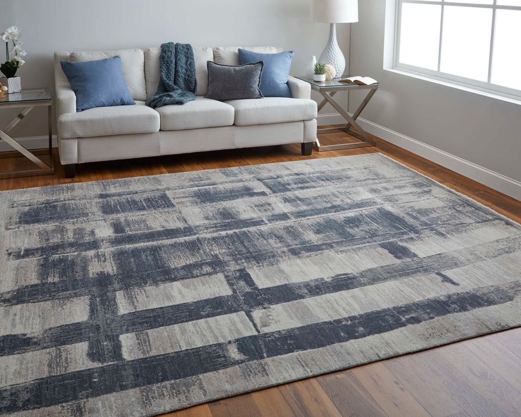 Marinn Modern Abstract Blue Ivory Gray Area Rug (9'6" x 13'6")