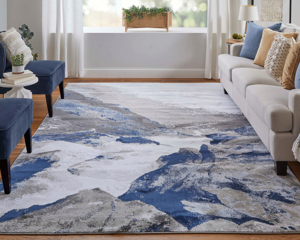 Gaspar Modern Abstract Blue Gray White Area Rug (10'4" x 13'6" / Pattern 2)