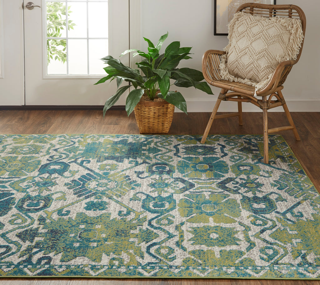 Foster Transitional Oriental Green Blue Area Rug (10' x 13'2")