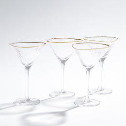 Set of 4, Hammered Martini Glasses, Clear with Gold Rim