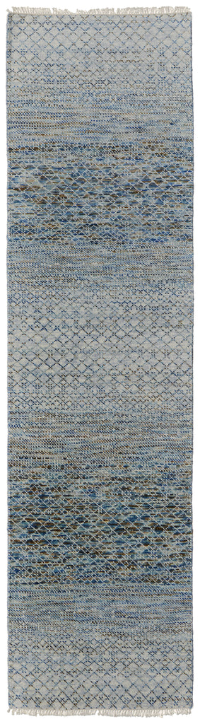 Branson Transitional Solid Blue Ivory Brown Area Rug (2'6" x 12')