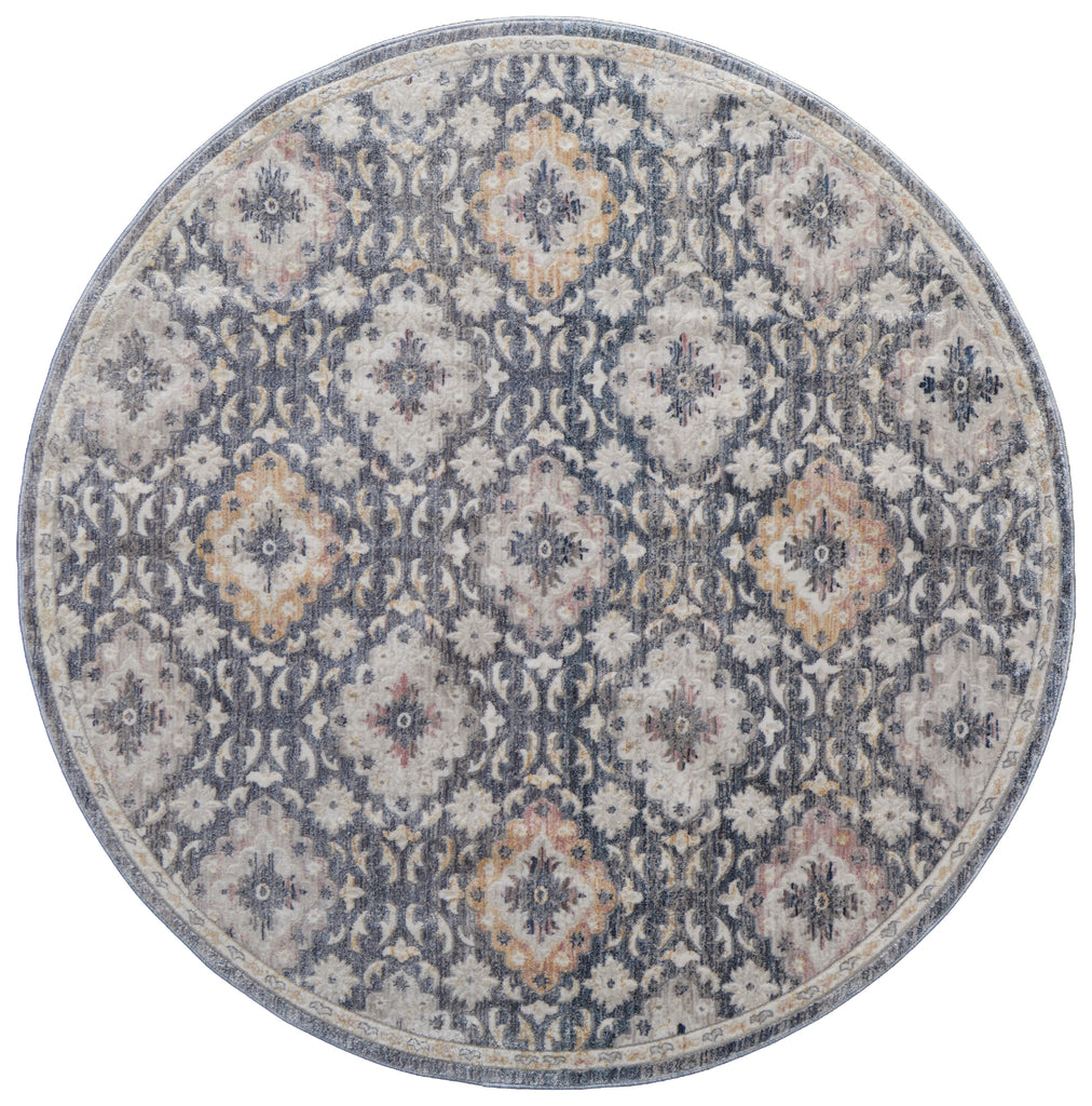 Kyra Transitional Damask Blue Gold Area Rug (5'6" x 5'6")