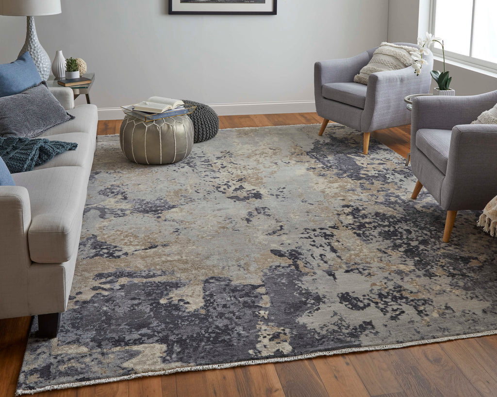 Marinn Modern Abstract Gray Ivory Tan Area Rug (7'9" x 9'9")