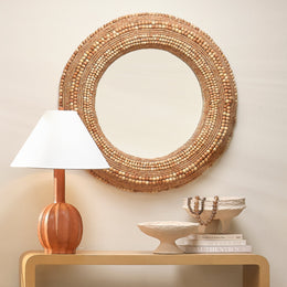 Strand Wood Beaded Round Wall Mirror