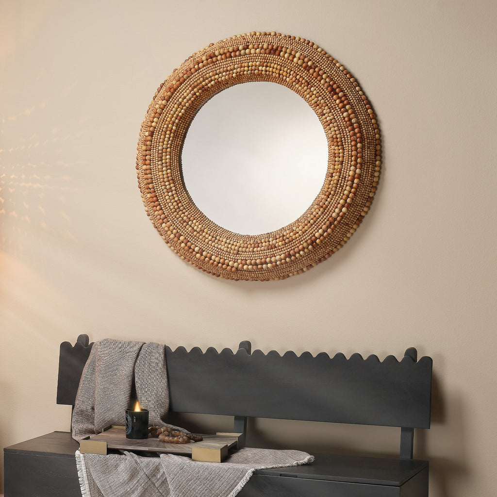 Strand Wood Beaded Round Wall Mirror