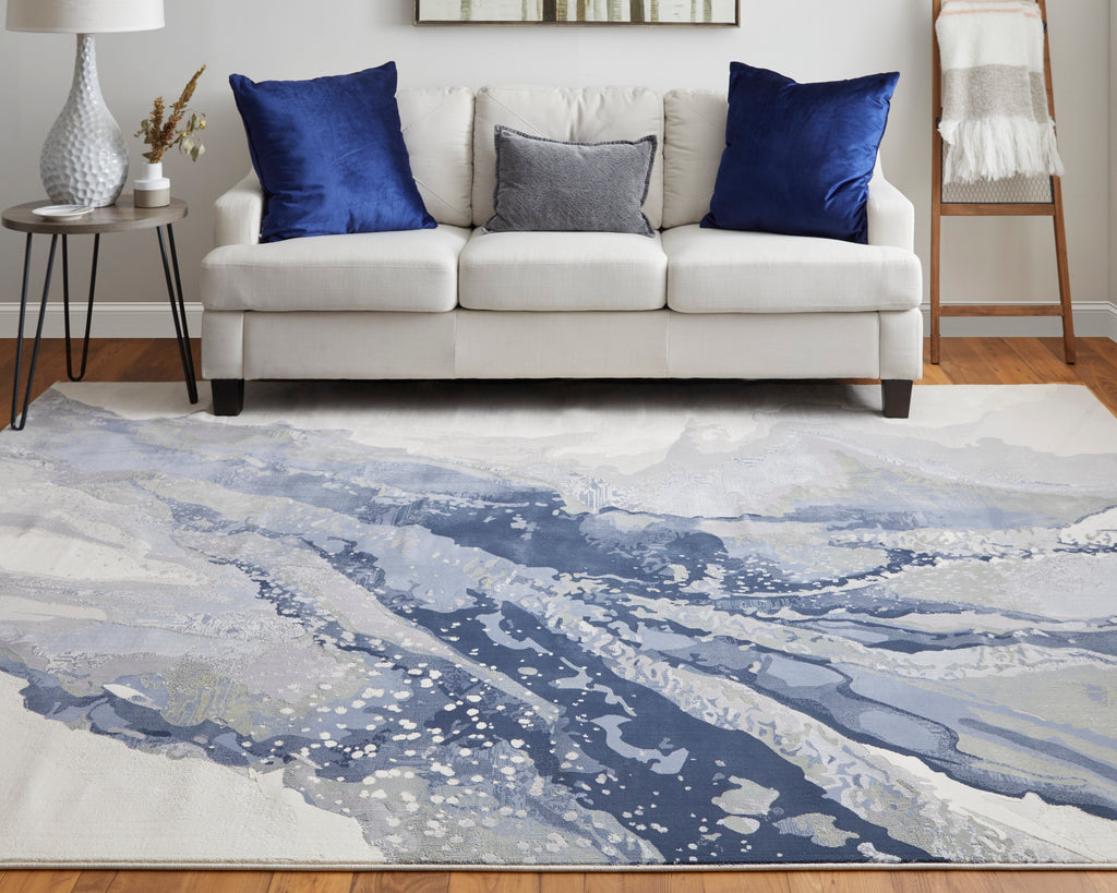 Clio Modern Abstract Blue Gray Ivory Area Rug (9' x 12')