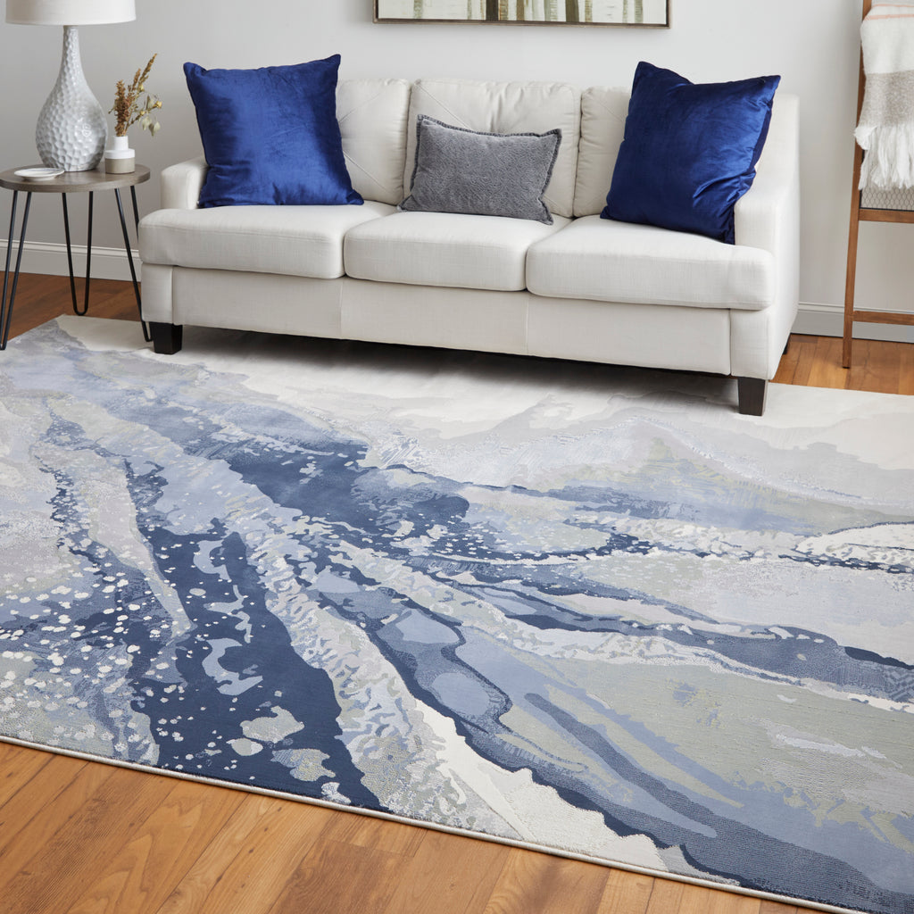 Clio Modern Abstract Blue Gray Ivory Area Rug (9' x 12')