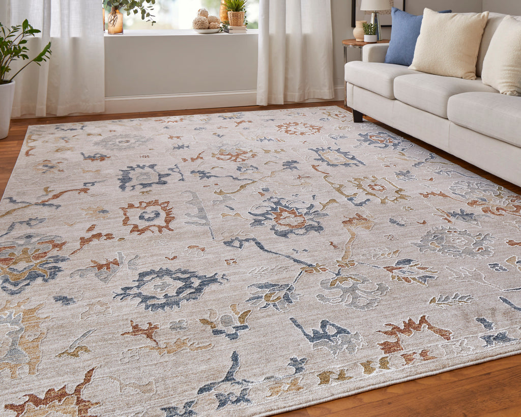 Pasha Transitional Floral Botanical Ivory Blue Gold Area Rug (9' x 12'8")