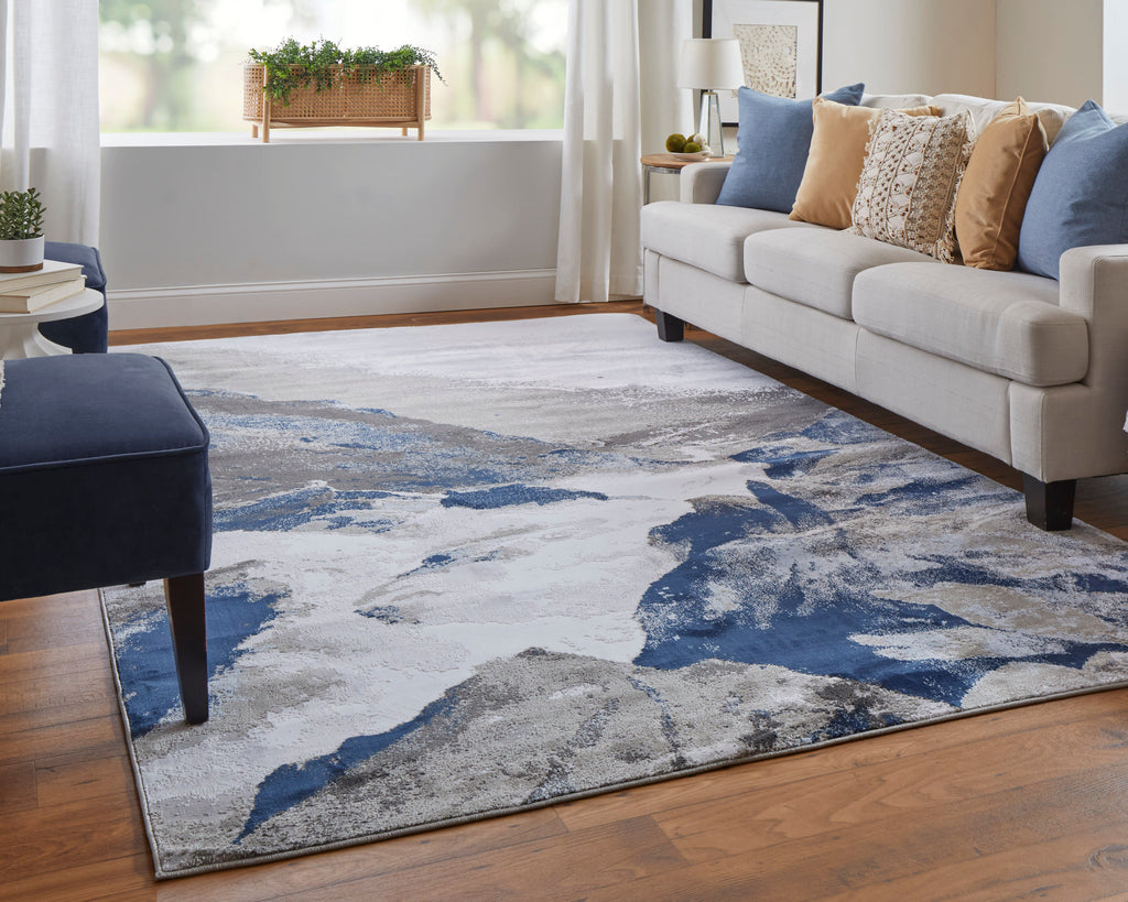 Gaspar Modern Abstract Blue Gray White Area Rug (10'4" x 13'6" / Pattern 2)