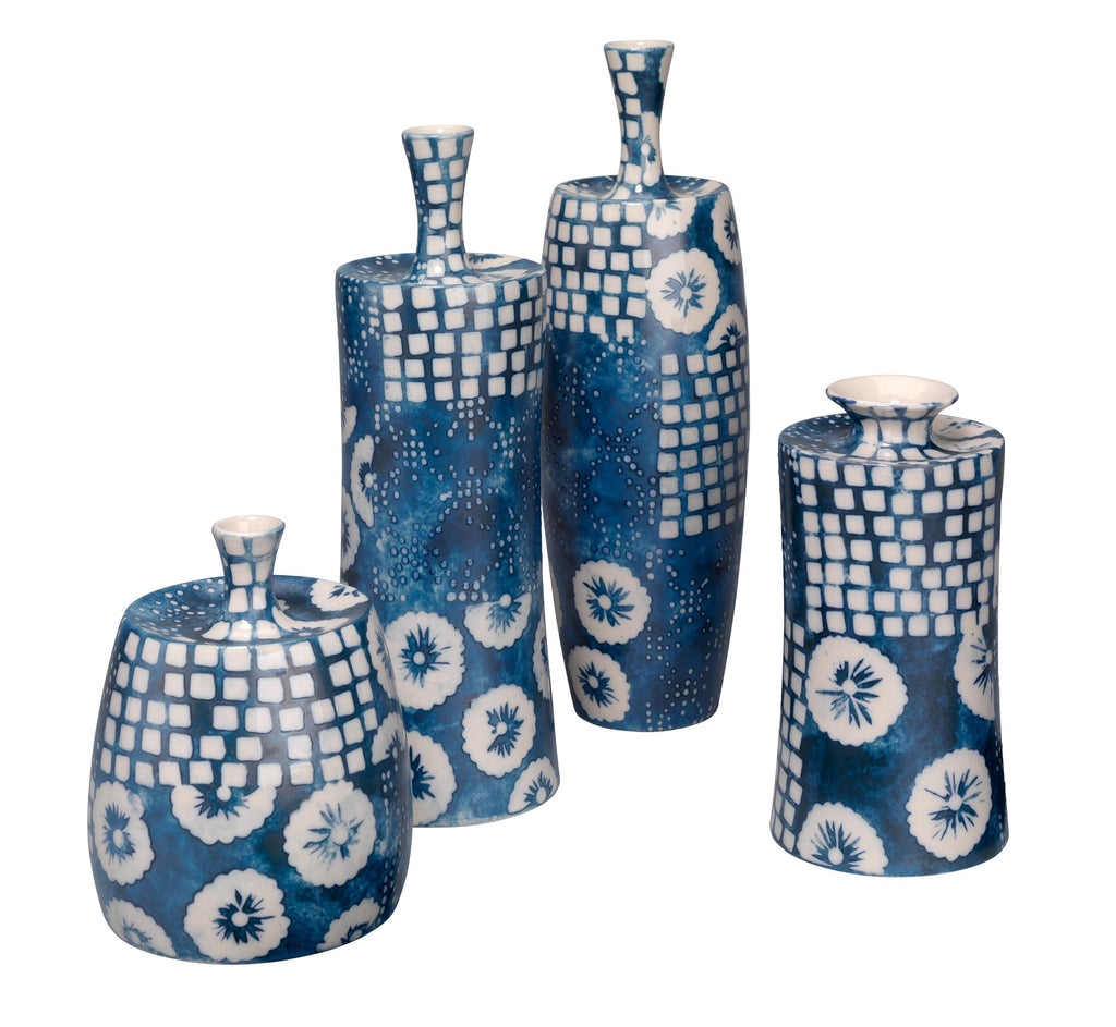 Block Print Vases, Set of 4-Blue