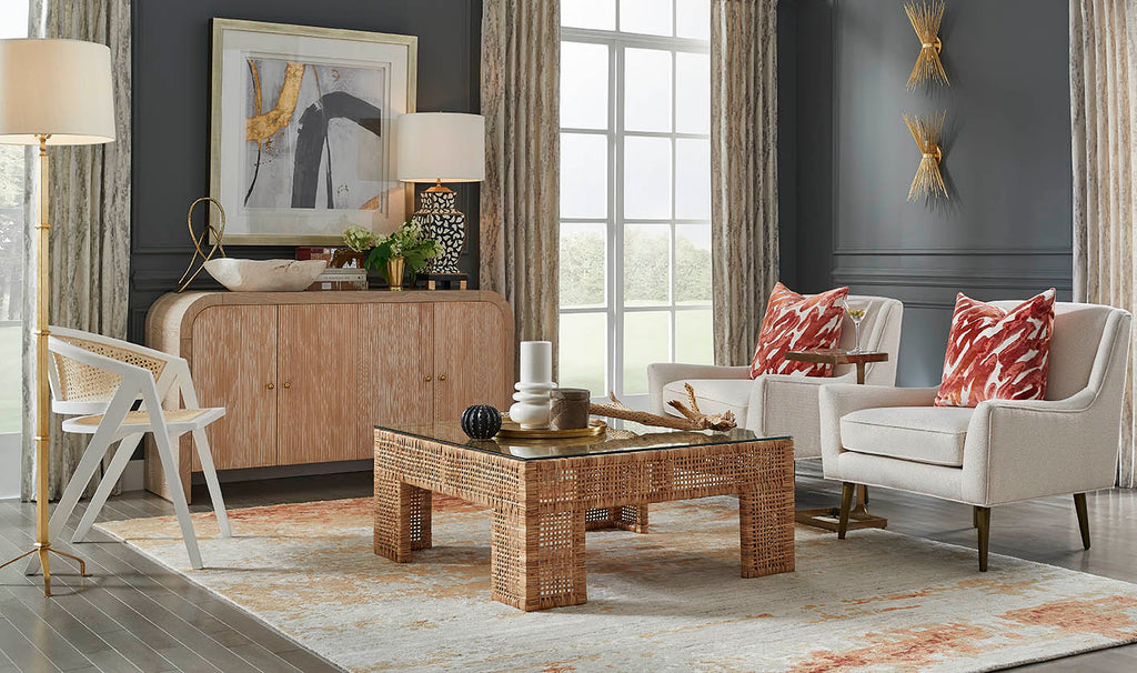 Wide Leg Rattan Coffee Table With Glass Top