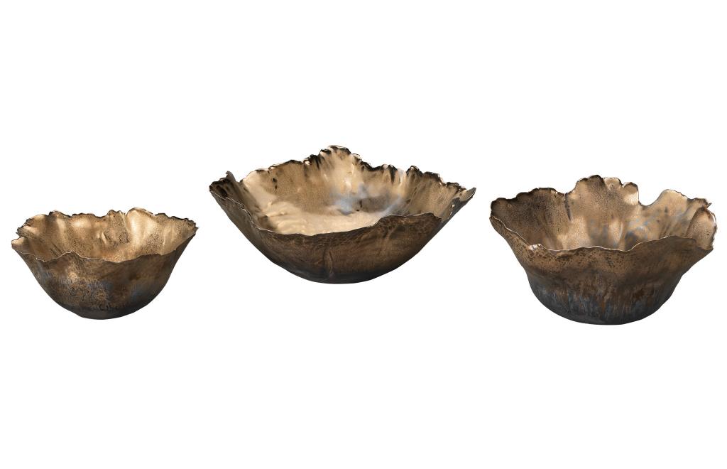 Fleur Ceramic Bowls, Set of 3-Gold