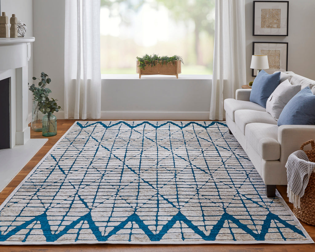 Saphir Mira Transitional Geometric Blue Green White Area Rug (7'6" x 10'6")