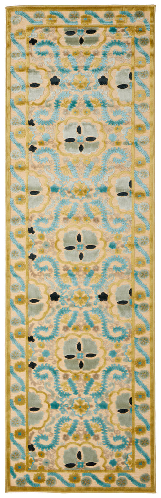 Saphir Cabo Transitional Floral Botanical Ivory Blue Area Rug (2'6" x 8')