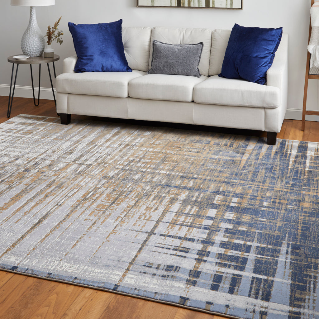 Clio Modern Abstract Blue Orange Gray Area Rug (2'9" x 7'10")