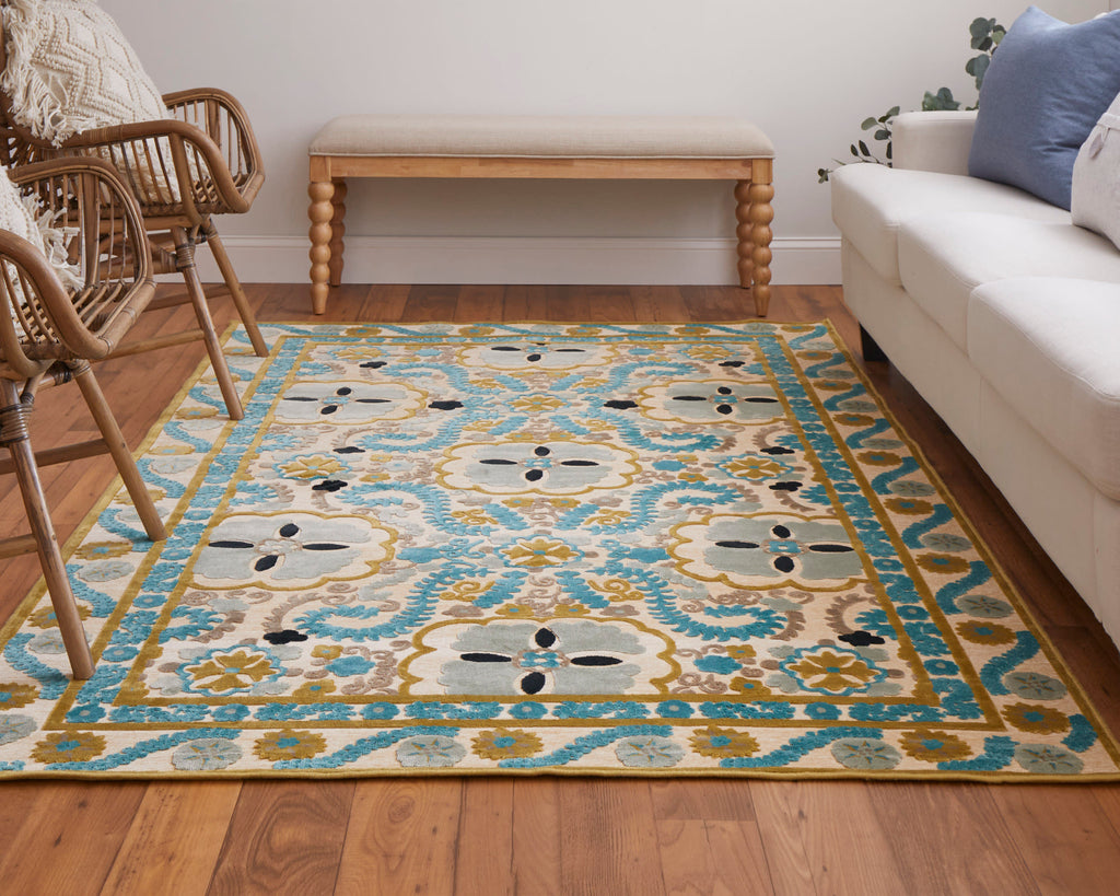 Saphir Cabo Transitional Floral Botanical Ivory Blue Area Rug (5'3" x 7'6")