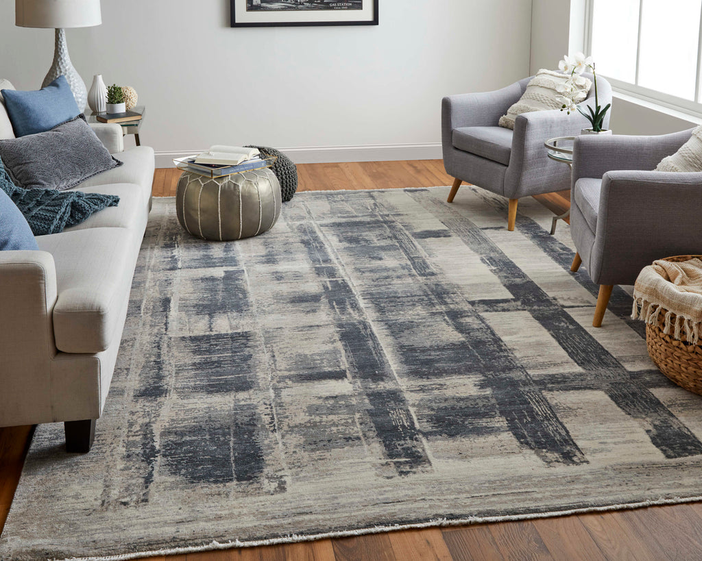 Marinn Modern Abstract Blue Ivory Gray Area Rug (9'6" x 13'6")