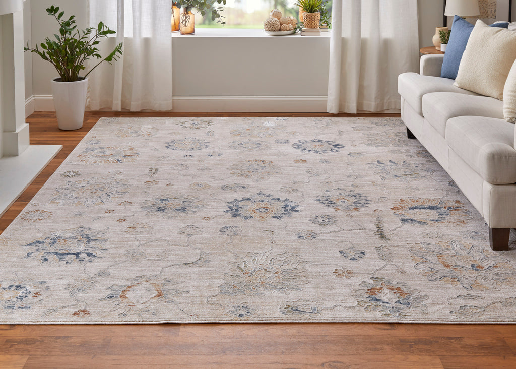 Pasha Transitional Floral Botanical Taupe Ivory Blue Area Rug (7'10" x 10'3")