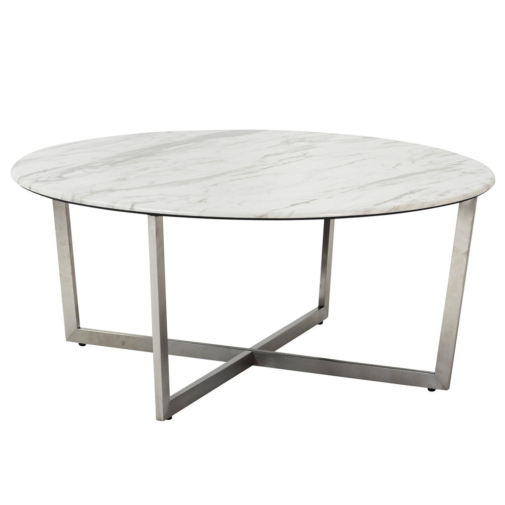 Llona 36" Round Coffee Table - White,Brushed Stainless Steel