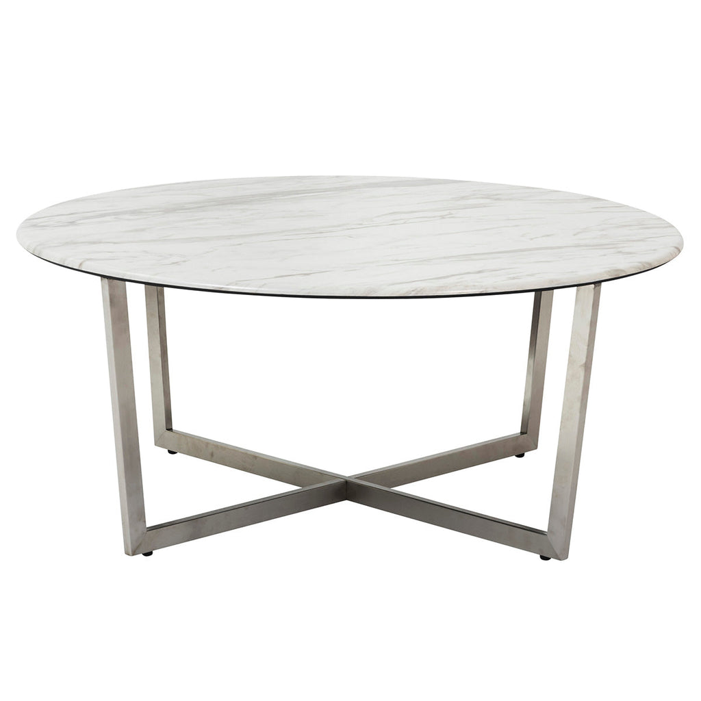 Llona 36" Round Coffee Table - White,Brushed Stainless Steel