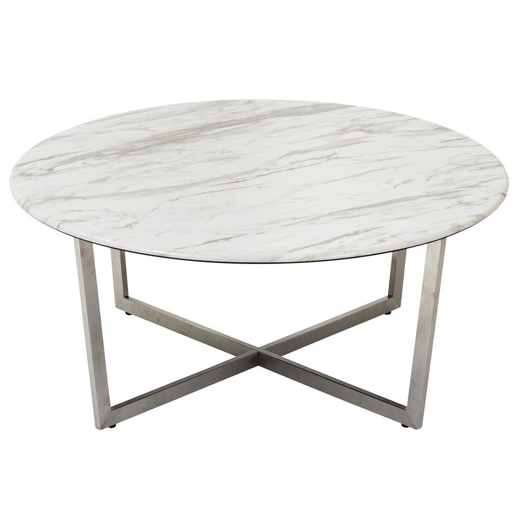 Llona 36" Round Coffee Table - White,Brushed Stainless Steel
