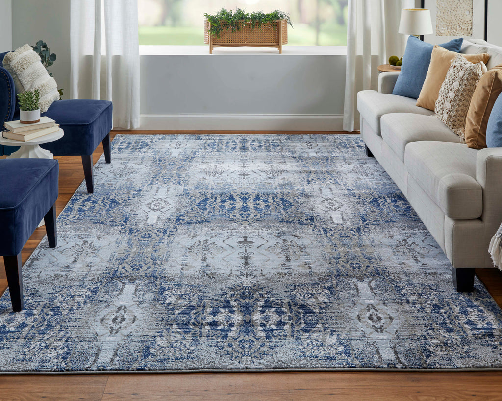 Gaspar Modern Damask Blue Gray Taupe Area Rug (6'7" x 9'6")