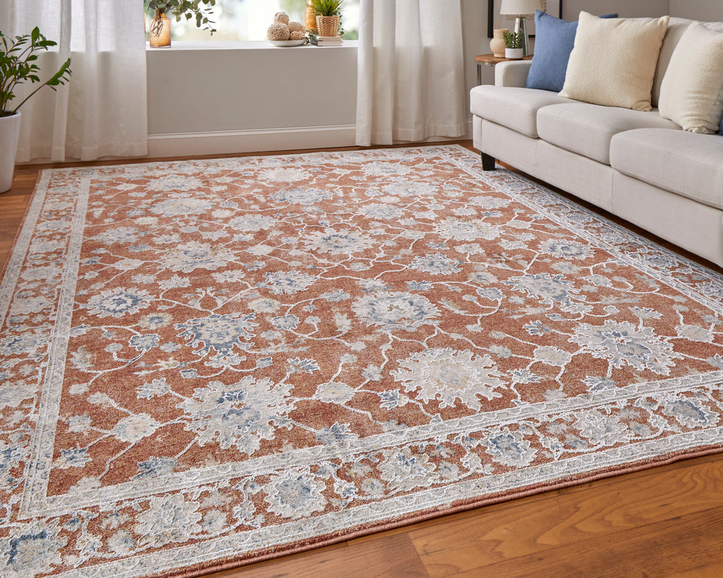 Pasha Transitional Floral Botanical Red Ivory Blue Area Rug (9' x 12'8")