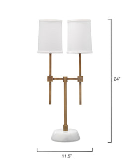 Minerva Twin Shade Console Lamp-Antique Brass and White